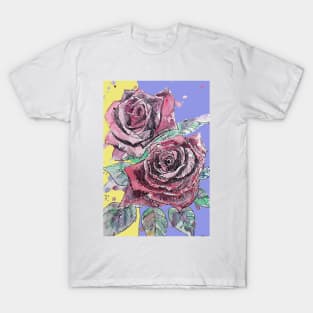 Red Rose Watercolor Painting on Lavender and Yellow T-Shirt